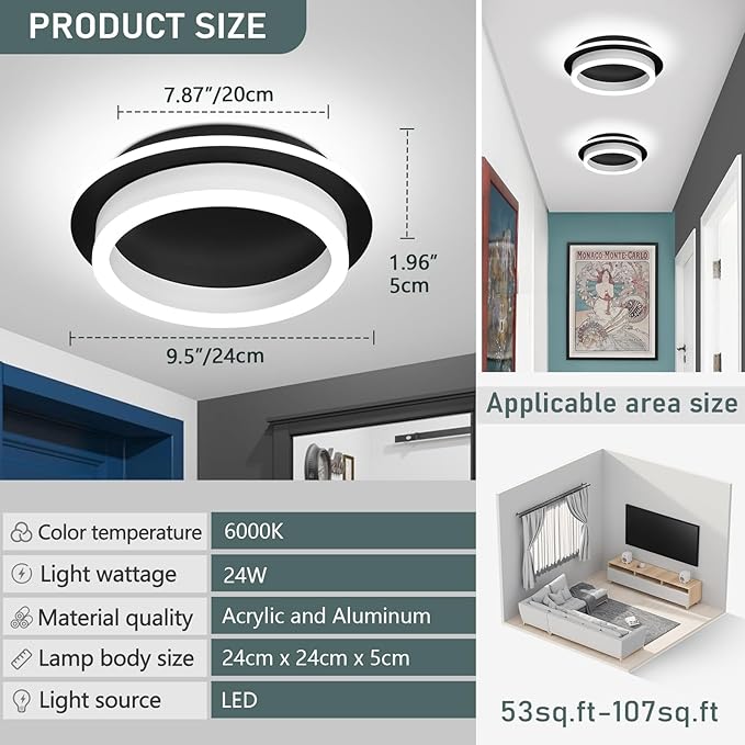 CAMEOE Modern Led Ceiling Light, 24W Black Led Hallway Ceiling Light Fixture, Small Round Flush Mount Ceiling Lights for Hallway Bedroom Kitchen Bathroom Entryway