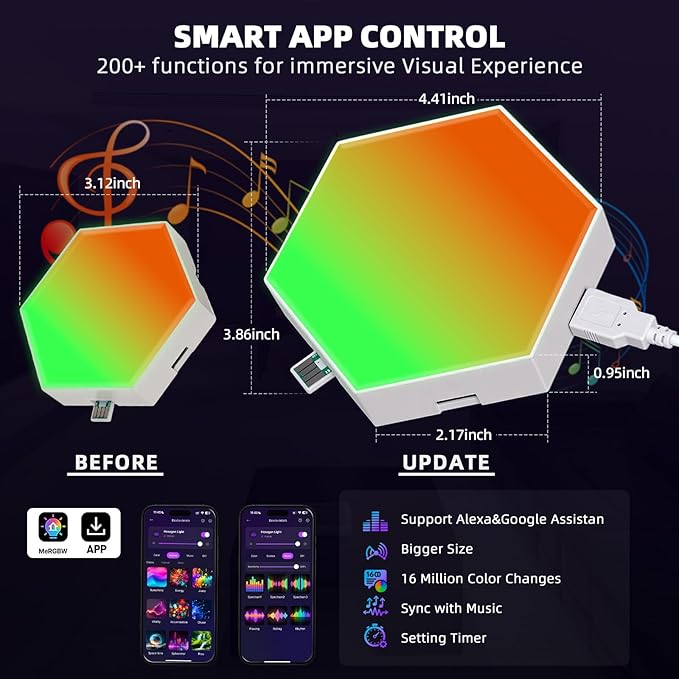 TISOFU Hexagon LED Lights - Big Hexa RGB Wall Panels 8 Pack, Wi-Fi Smart Home Creative Wall Light with Music Sync & APP, Works with Google Assistant & Alexa for Gaming Decor, Bedroom, Gift