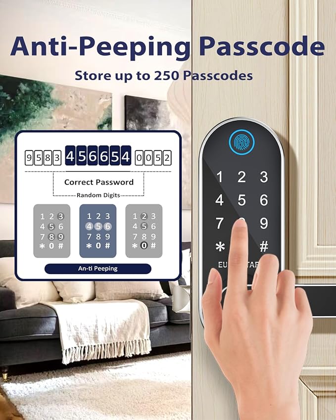 Keyless Entry Door Lock, Fingerprint Door Lock with Handle, Smart Locks for Front Door and Bedroom, WiFi Electronic Locks, App Remote Control, Digital Keypad with Knob, Auto-Lock
