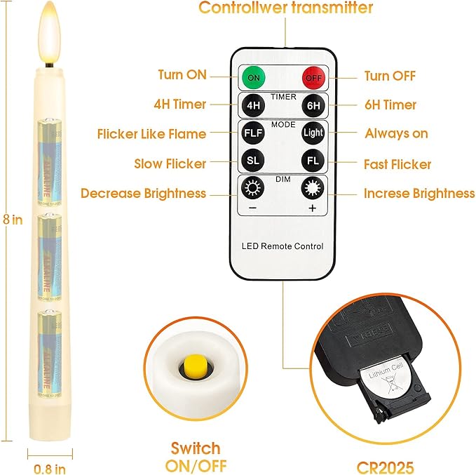 8PCS Flameless Flickering Taper Candles with 2 Remote Control and Timer, 8 Inch 3D Wick Floating Flickering Flame, Battery Operated LED Window Candle Lights, Christmas Home Wedding Decor (Ivory)