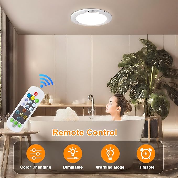 Rechargeable Motion Sensor Ceiling Light with 5 Colors and Remote, Battery Operated LED Shower Light, Magnetic Wireless Closet Light for Bathroom Hallway