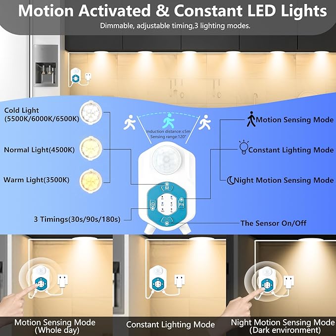 Under Cabinet Lights 12Ft,Motion Sensor LED Under Counter 6 Puck Lights with APP&Remote&Sensor/3 Work Modes/3 Colors/Timers/Motion Activated Allowed/Dimmable/Night Light for Cabinet,Home,Closet,Garage