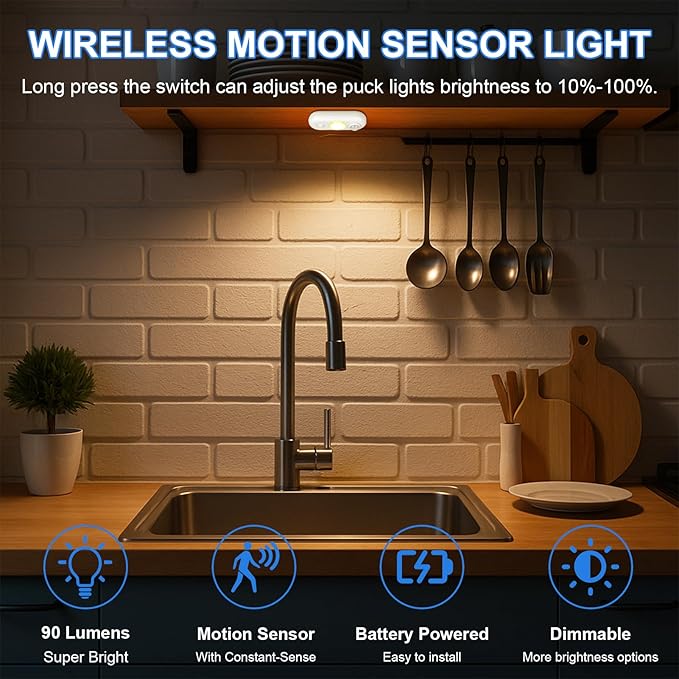 LED Motion Sensor Light Indoor, Magnetic Under Cabinet Lighting Warm White, Dimmable Rechargeable Puck Lights for Closet, Kitchen, Stairs(4 Pack)