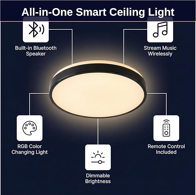 HOREVO 16inch 36W LED Ceiling Lamp Black Flush Mount Ceiling Light Fixture with Bluetooth Speaker with Remote Control, RGB Color Changing,for Living Room, Dining Room, Bedroom, Office