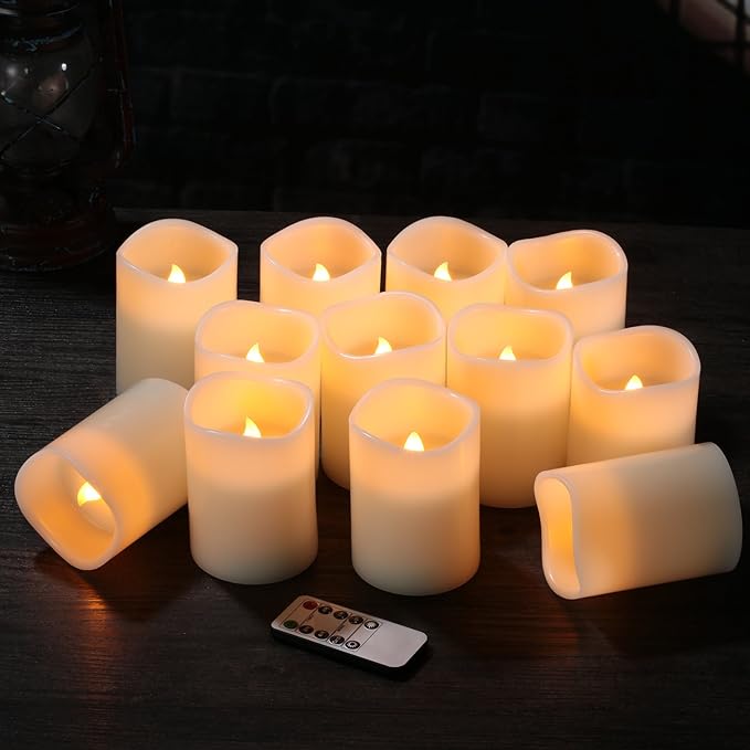 Flameless Candles Battery Operated Candles Set of 12(D:3" X H:4") Pillar Real Wax Led Candles with 10-Key Remote and Cycling 24 Hours Timer
