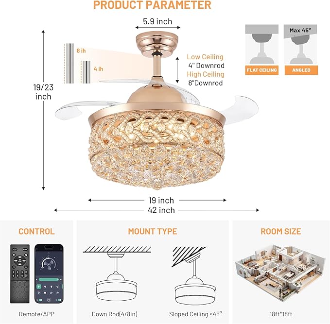 Crystal Fandelier Ceiling Fan with Light and Remote Dimmable 500-6500K Retractable Blades Chandelier Ceiling Fan with Memory Function Modern Ceiling Fans with Lights for Bedroom 42 Inch Gold