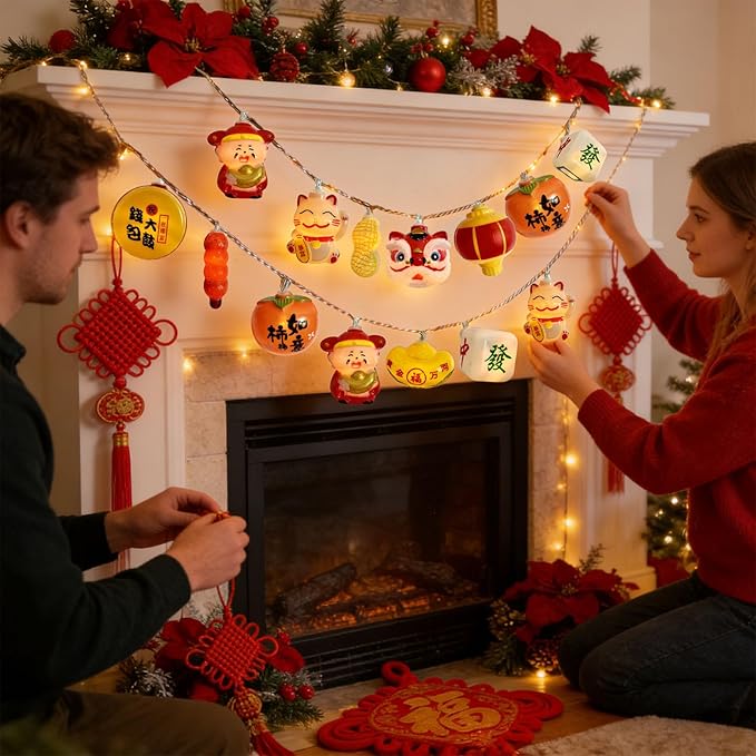 Chinese New Year LED Lights 10FT 20LED Spring Festival String Lights 2026 Chinese Lunar Decorations with 10 Lucky 3D Patterns Battery Operated 2 Lighting Modes for Chinese New Year Housewarming Decor