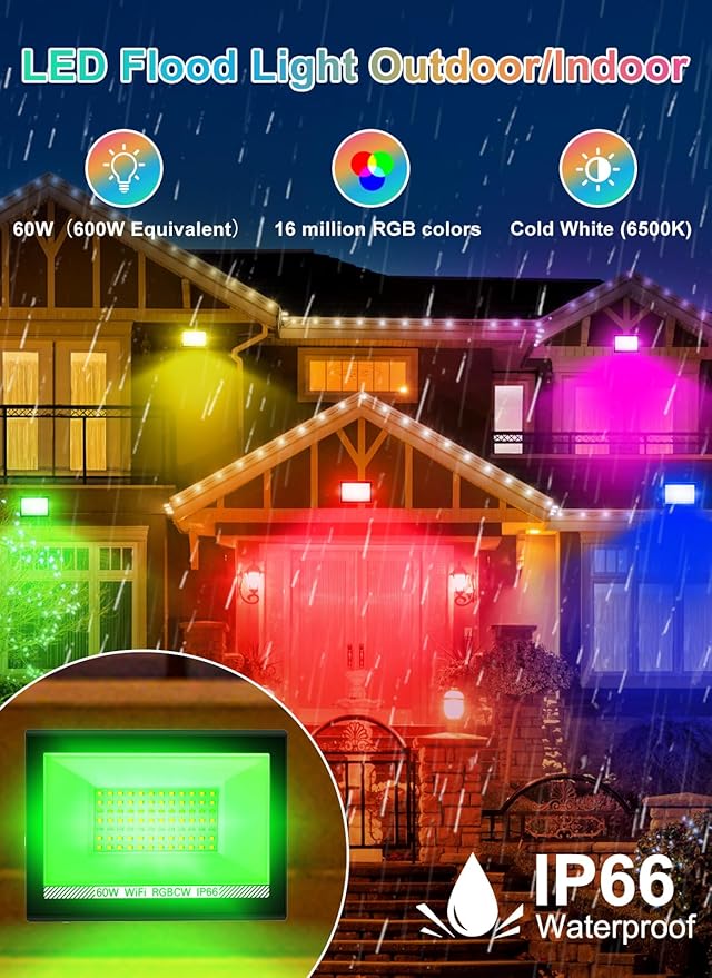 T-SUN LED Flood Lights Outdoor 60W, 600W Equivalent 6000LM Color Changing Landscape Light with APP Control, Waterproof Floodlights with 2700K & 16 Million Colors, Timing, Music Sync, US Plug(6 Pack)