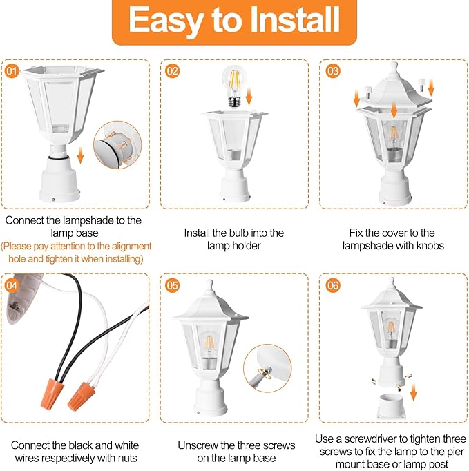 FUDESY Outdoor Post Light, Outdoor White Lamp Post Light Fixture with Pier Mount Base, Waterproof Pole Light Fixture with E26 Socket, Exterior Lamp Post Lantern for Garden Yard Patio Pathway