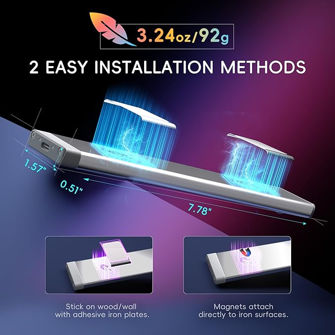 lexall Under Cabinet Lighting, 60LED Rechargeable Motion Sensor Light with Charging Station, Dimmable Closet Lights RGB Bar, Magnetic Under Counter Lights for Kitchen, Safe Light (3 Pack)