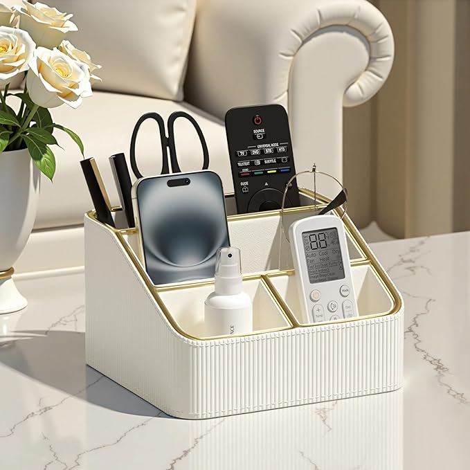PU Leather Remote Control Holder with 4 Compartments, Small Desk Organizer Office Supply Bedside Caddy, All-in-One Small Bedside Remote Holder Nightstand Desktop Organizer