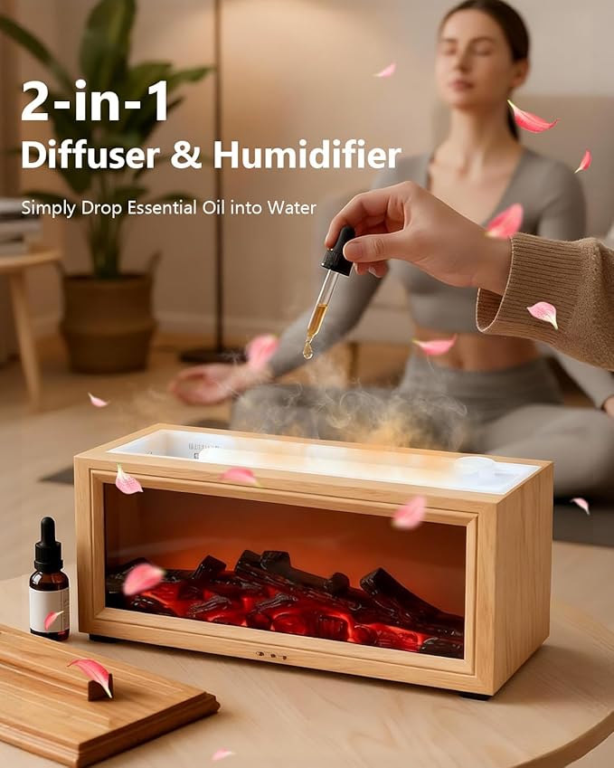 Essential Oil Diffuser, 7-Color Fireplace Fire Flame Aromatherapy Humidifier, 280ml Ultrasonic Aroma Diffuser Valentine's Day Gift with Time Sets and Remote Control for Bedroom Home Yoga Office