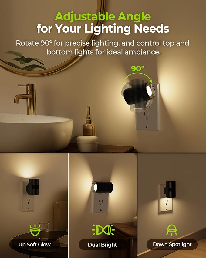 AUVON LED Night Light Plug in, Modern Motion Sensor Night Light with 90° Rotatable Design & Dusk to Dawn Sensor, Dimmable Night Lights 1-100LM Warm White 2700K for Bedroom, Hallway, Stairway, 2 Packs