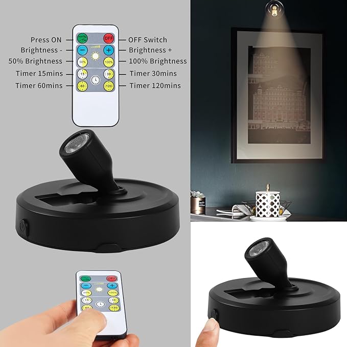 Wireless Spotlight Battery Operated, 2-Pack Tap Closet Light LED Puck Lights with Remote, Stick on Artwork Lighting with Rotatable Head for Wall Entrance Hallway Basement Artwork Decorative