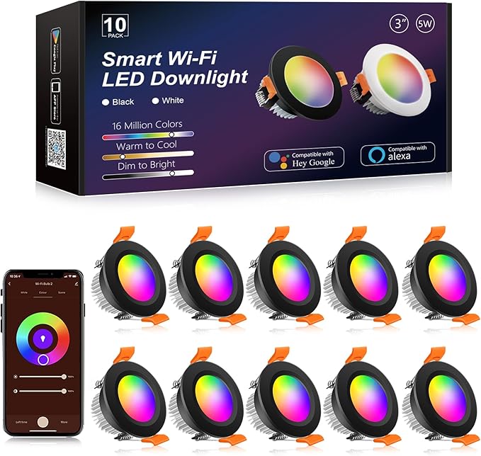 YGS-Tech Smart 3 Inch LED Recessed Lighting RGB WiFi Downlight, 5W Compatible with Alexa and Google Home, Dimmable RGB & CCT 2700-6500K Color Changing, 120V Ceiling Light with LED Driver (10 Pack)