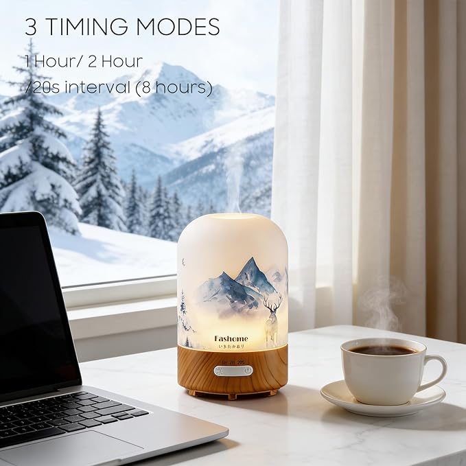 Essential Oil Diffuser Hand Blown Glass, 100ml Small Aromatherapy Diffuser, Auto Shut-Off Function, Ultrasonic Diffusers for Essential Oils, Cool Mist Humidifier with Warm White Lights