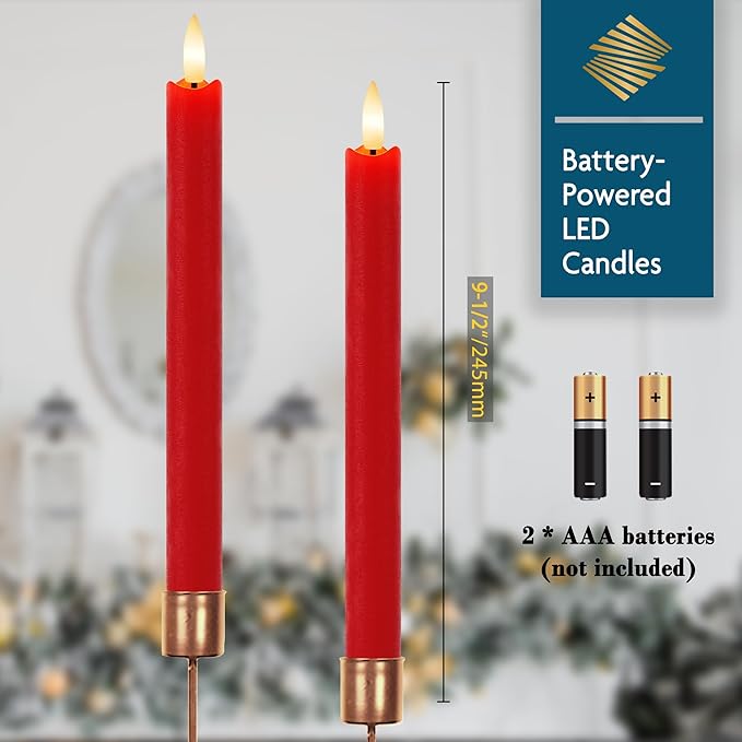 Red Flameless Taper Candles 9.6" Christmas LED Candles Real Wax with Remote Timer, Battery Operated LED Candles Set with 3D Flickering Flame, Classic Flickering Candlesticks for Home, Party, 6 Pack