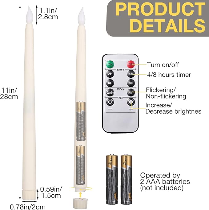 Tuanse 24 Pack Flameless Flicker Taper Candles Bulk with Remote and Timer, Battery Operated LED Warm White Taper Candles Light for Home Wedding Decoration Gifts (Beige,11 Inch)