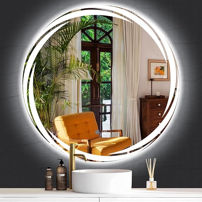 20 Inch Unique Rotating Round Lighted Mirror for Bathroom Hotel Makeup Wall LED Round Vanity Mirror with Lights Smart Memory 3 Color Dimmable AntiFog 20 Backlit Rounds Circle Lighted Mirrors