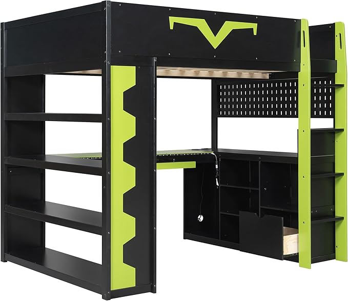 Full Size Gaming Loft Bed with Integrated Desk & RGB LED Lights,Bunk Bed with Power Outlet, Large Bookshelf, Pegboard, Keyboard Tray & Drawer (Green-Bo, Full)
