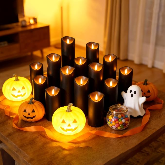Flickering Flameless Candles, Battery Operated Plastic LED Pillar Candles with Remote Control and Timer, Set of 24 (Black)