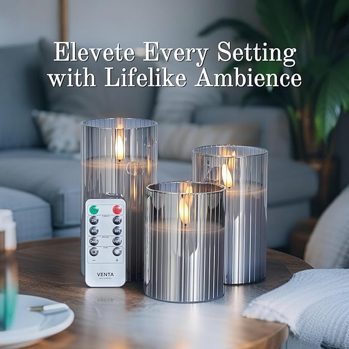 VENTA Flickering Flameless Candles With Remote Control - Led Candles Battery Operated - Battery Operated Candle For Decoration Table, Timer & Dimmer Features, Set - 3Pcs (4",5",6") (Grey Ribbed Glass)