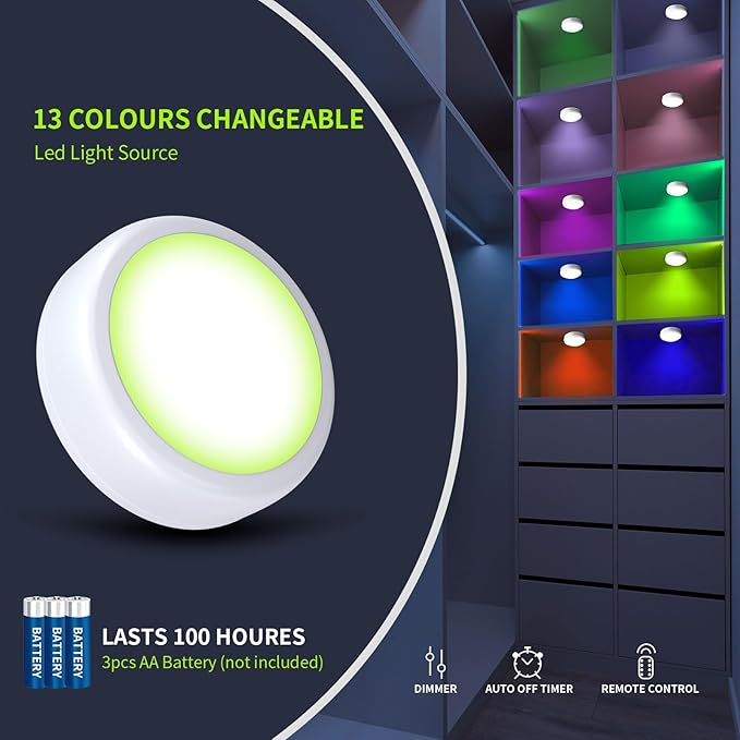 LED Puck Lights with Remote Control,Wireless Under Cabinet Lighting Battery Operated, Dimmable Timing Function Push Lights for Kitchen Cabinets, Christmas, Bedrooms (6 Packs)