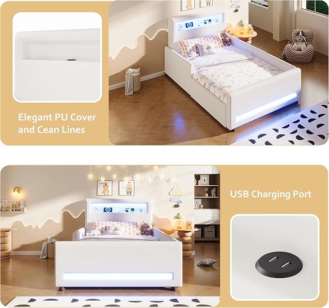 MERITLINE Twin Size Upholstered Platform Bed with Drawer, App-Controlled RGB LED Light Strip & USB Port, PU Fabric Storage Bed (White) | LED light, Storage Drawer