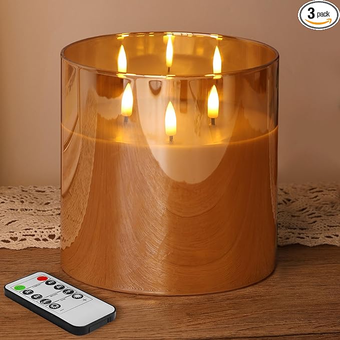 Eywamage 3 Wick Gold Glass Flameless Candle with Remote, Large Flickering LED Battery Pillar Candle Φ 6" H 6"