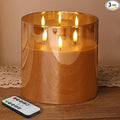 Eywamage 3 Wick Gold Glass Flameless Candle with Remote, Large Flickering LED Battery Pillar Candle Φ 6" H 6"