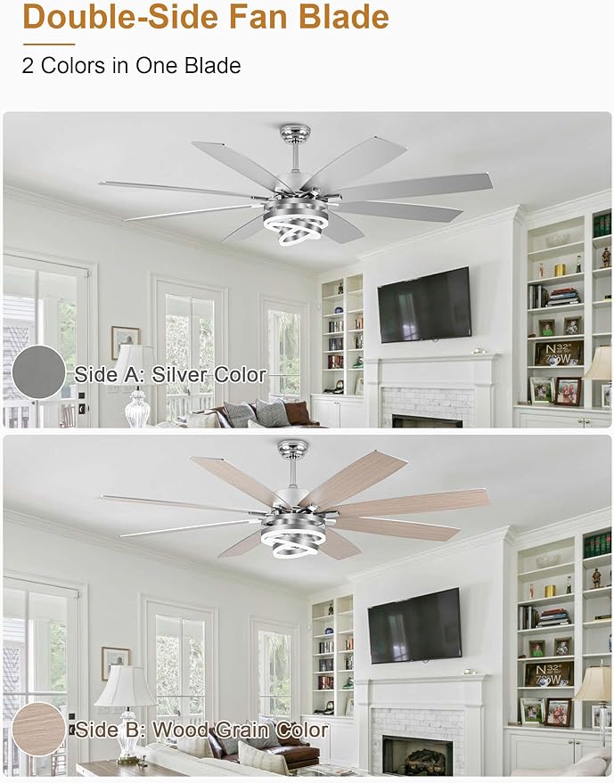 72 Inch Ceiling Fans with Lights, Large Modern Ceiling Fan with Remote Control for Living Room Kitchen, Dimmable, 6 Speed Reversible DC Motor, Dual Finish