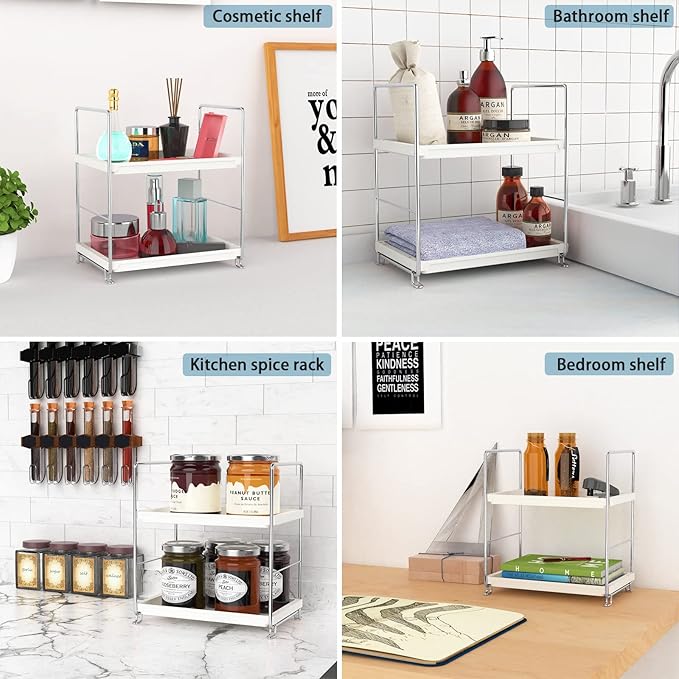 2-Tier Kitchen Spice Rack Standing Shelf-Bathroom Countertop Organizer-Vanity Tray Cosmetic & Makeup Storage,Perfect Storage Shelf for Bathroom,Bedroom,Kitchen,Vanity,Silver