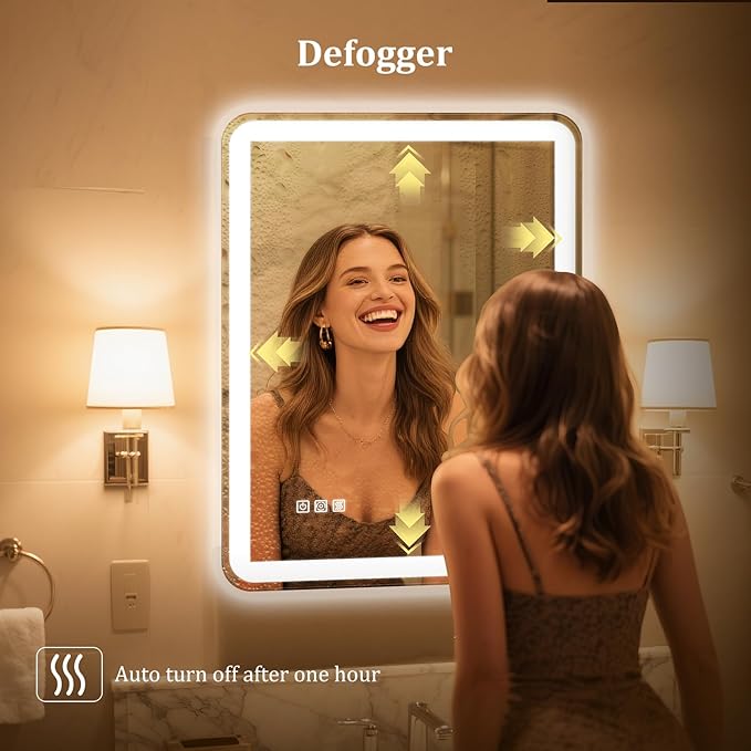 24"X32" LED Bathroom Mirror with Lights, Mirror for Bathroom Wall with Frontlit and Backlit,IP54 Enhanced Anti-Fog,Bathroom Vanity Mirror 3 Colors Dimmable CRI>90 Double Lights,Tempered Glass(R-Angle)