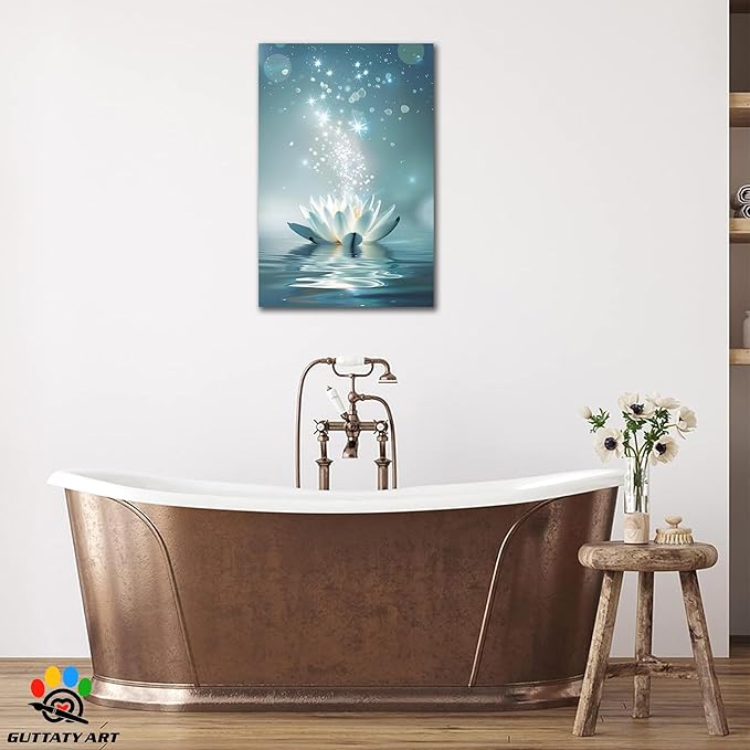 Zen White Lotus Flower Canvas Wall Art, Lotus Flower Pictures Bathroom Zen Print, Spiritual Water Lily Canvas Prints, Lotus Bloom on Water Poster, Zen Calm Relax Artwork for Yoga Spa Room 18x24 inch