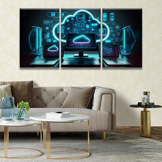 LSIUHWUWI 3 Panel Canvas Print Art Set Modern Cloud Technologies Neon Colors Cyber Space Posters Modern Wall Art for Bedroom Living Room Wall Decorative,Artwork, 16x24inchx3