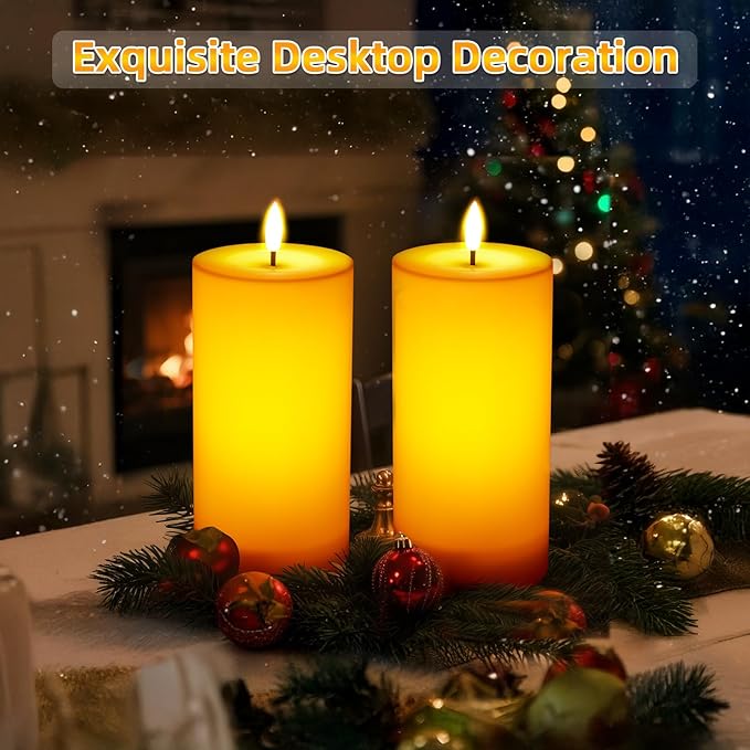 IMAGE 4"x8" Waterproof Rechargeable Flameless Candles with Timer & Remote Control, Fake LED Pillar Plastic Candles Light for Outdoor, Lanterns, Porch, Flickering & Long Lasting, Set of 2