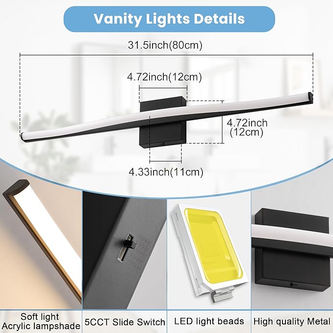 Modern Bathroom Vanity Light 32 inch, Curved, Dimmable 5CCT Led Bathroom Light Fixture Over Mirror, Black Bar Vanity Light for Bathroom Mirror Cabinets-ETL Certificated Modern LED Vanity Makeup Lights