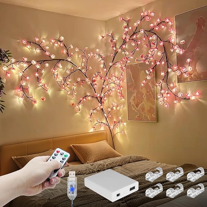 Cherry Enchanted Willow Vine Lights, 5.25FT 72LED Pink Cherry Blossom Tree Branch Lights for Wall, Remote Timer,8 Light Model,Bedroom Wall Doors Wedding, Christmas, USB Battery Box