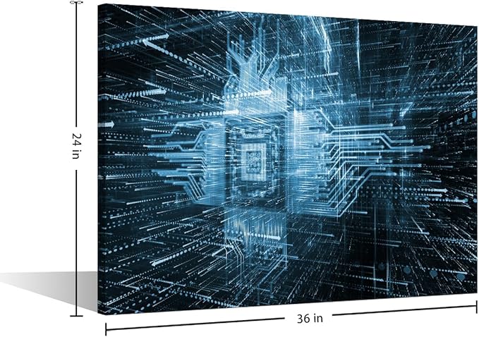 TUMOVO CPU Symbol Modern Wall Art AI Abstract Picture Futuristic CPU Contemporary Artwork Print On Canvas Digital Age Bedroom Wall Art Pictures for Living Room Framed Ready to Hang, 36x24in