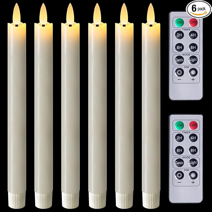 Homemory Waxy Flameless Taper Candles with Remote Timer Dimmer, LED Candlesticks Flickering, Battery Operated Window Candles, 9.6 Inches for Christmas Wedding Celebration Decor, Ivory, 6 Pcs