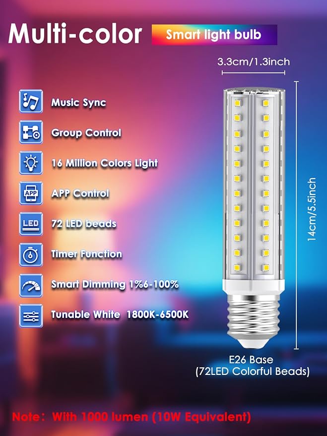 5V Low-voltage Smart LED Light Bulb, Dimmable E26 Screw Base Bulb with Remote Control, 72 Colorful Beads 16 Million Colors 10W Light Bulb with APP Control & Music Sync & Timer for Bedroom Lamp(2-Pack)