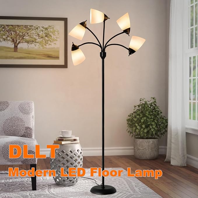 DLLT Modern Floor Lamp for Room: 5-Light Flexible Gooseneck Black Floor Lamps Standing for Living Room Bedroom Home Study Room Office - Tall Tree Floor Lights Adjustable Metal Multi Head E26 Base