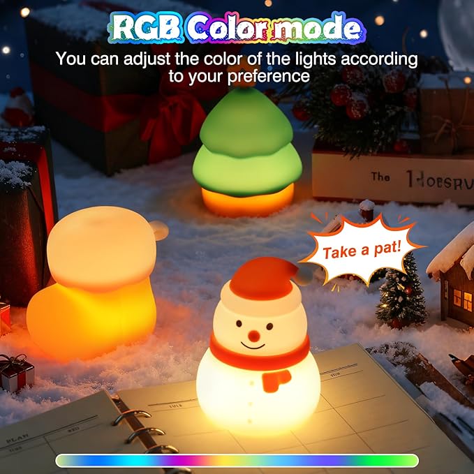 Christmas Night Light Set of 3,Rechargeable Dimmable Christmas Snowman Night Lamp,Cute Christmas Tree Decor Nightlight for Nursery Kids Hangable Squishy Silicone Boot Lights Gifts Holiday Decor