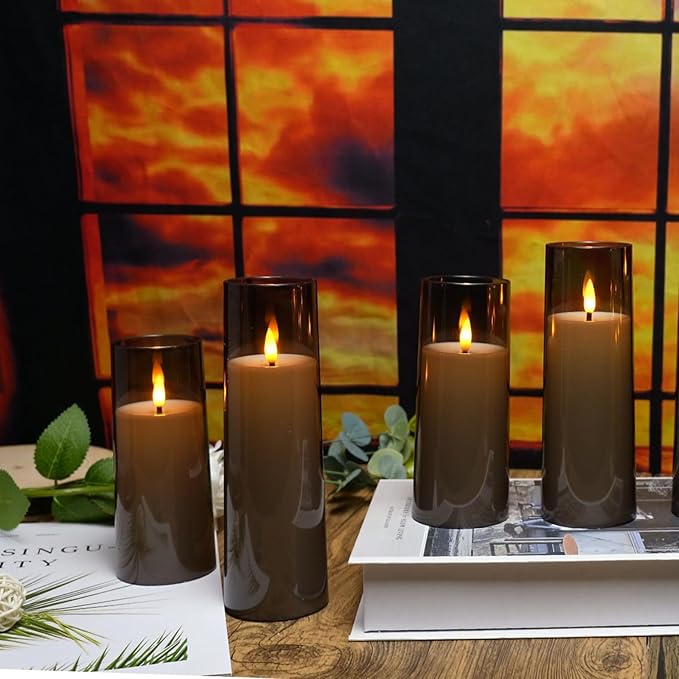 Flickering Flameless Candles Battery Operated with Remote and 2/4/6/8 H Timer Plexiglass Led Pillar Candles Pack of 9 (D2.3 xH5.5 6.5" 7.5") with Realistic 3D Wick Candles for Home Decor(Grey)
