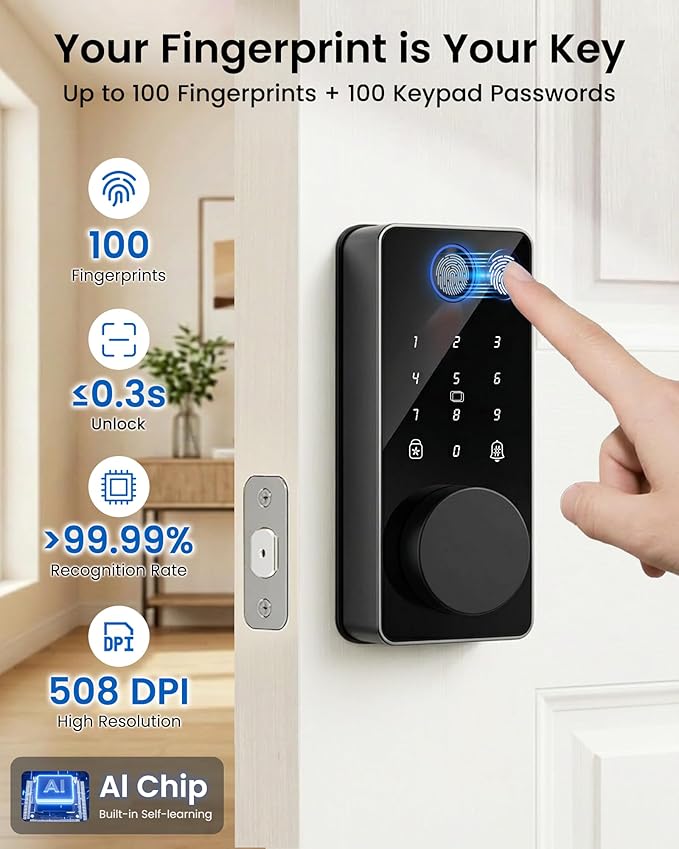 Smart Deadbolt Lock with 2 Knobs, 5-in-1 Keyless Entry Door Lock with Fingerprint, APP Control, Auto Lock, IP54 Waterproof, Temporary Passcode for Front Door
