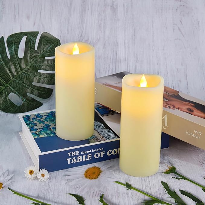 7” x 3” Flameless Candles, Flickering Moving Flame LED Candles, Battery Operated Candles with Remote and Timers, Ivory White, Set of 2
