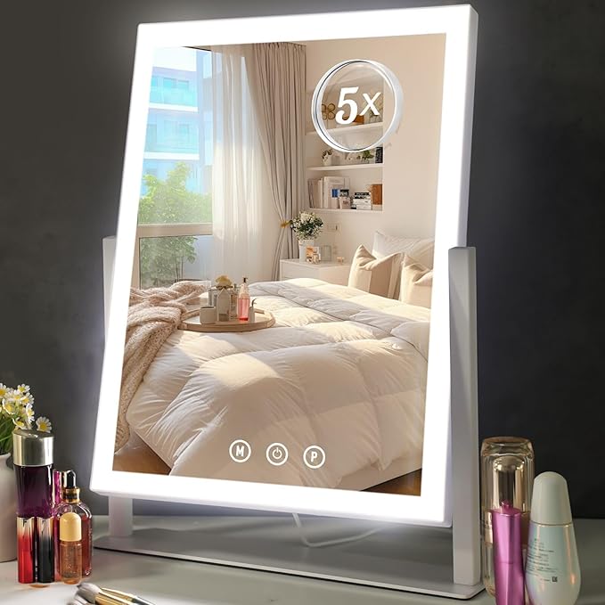 Light up Makeup Mirror for Vanity, Desk Mirror with Light with 5X Magnification Mirror, Light up Vanity Mirror, Led Mirror for Desks, Makeup Vanity Mirror, 3 Color, Touch Control