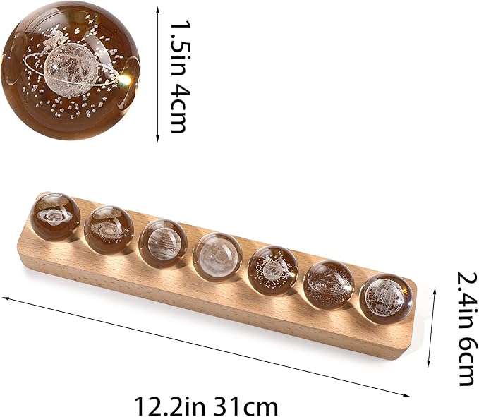 Set of 7 Planet Crystal Ball Night Light 1.57-inch Solar System Galaxy Decorative Balls with LED Wooden Base for Meditation Positive Energy Decor