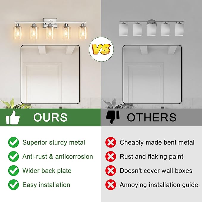Ascher Bathroom Light Fixtures, 5-Light Vanity Lights with Clear Glass Shade, Modern Brushed Nickel Wall Light for Mirror Bedroom Hallway Cabinet Porch