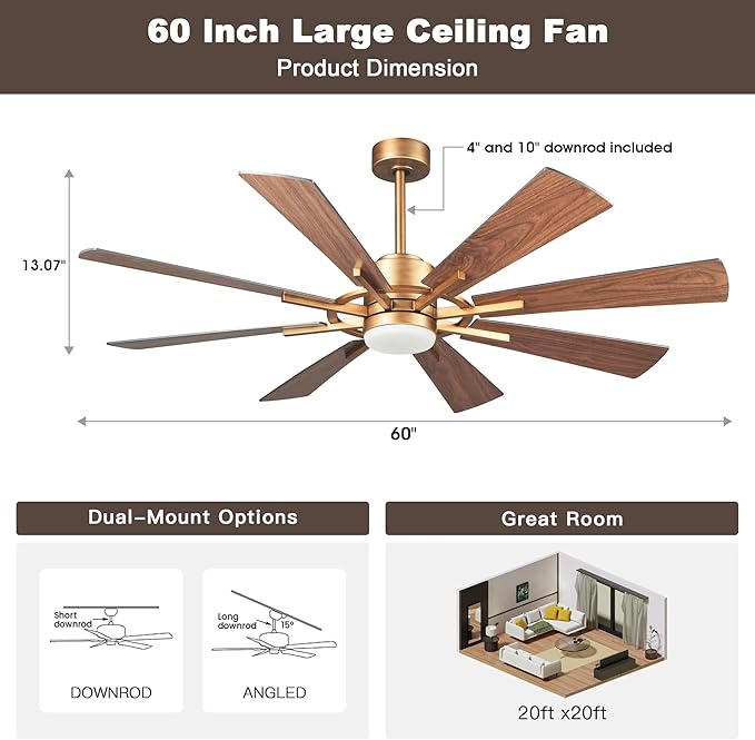 60 Inch Gold Ceiling Fans with Lights and Remote, Modern Large Outdoor Ceiling Fans for Patios, Quiet Reversible DC Motor, 6 Speeds, 3CCT, Timer, Chandelier Ceiling Fan for Living Room Bedroom